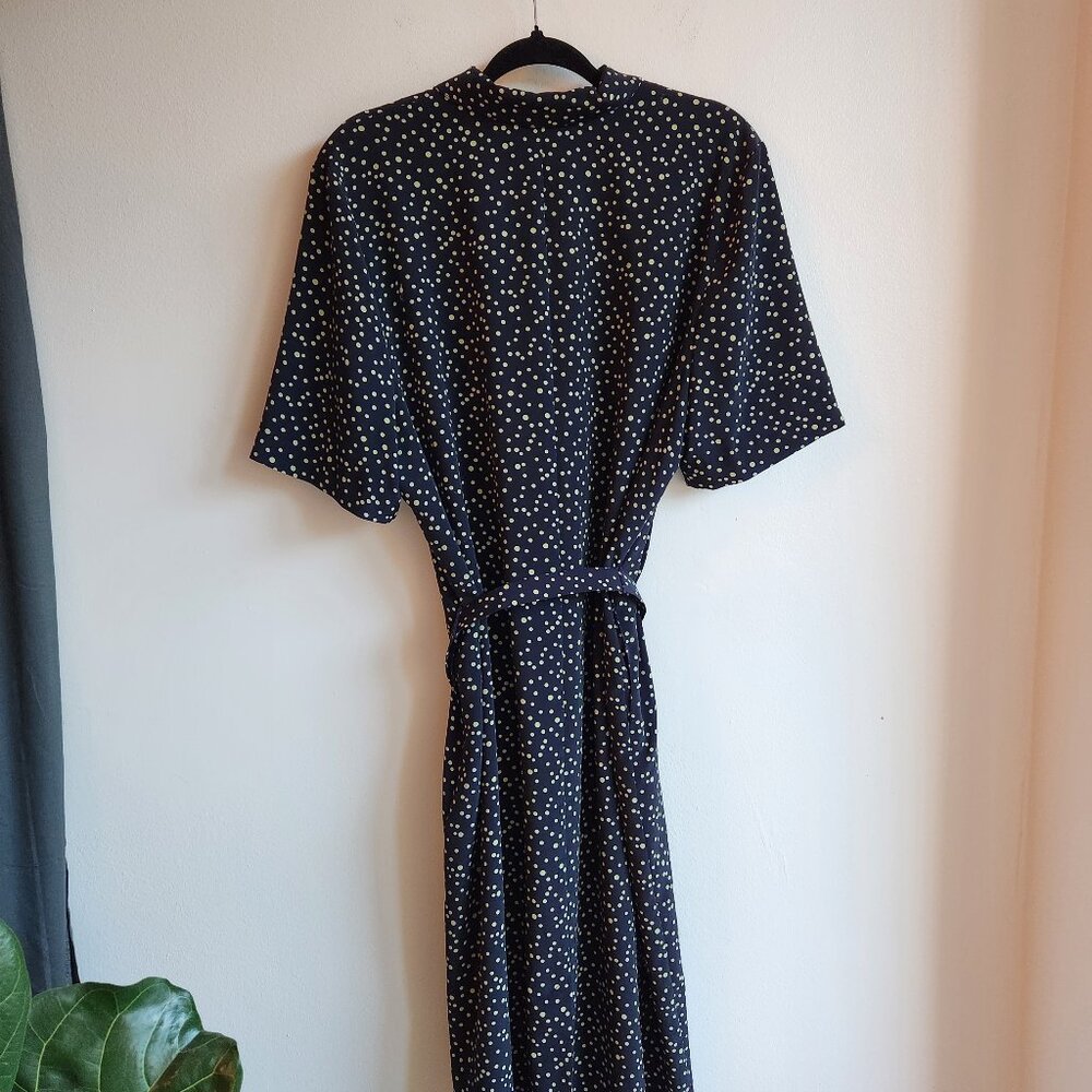 Vintage Navy Polka Dot Midi Dress Made in Canada - Sz 14 - Picture 10 of 11